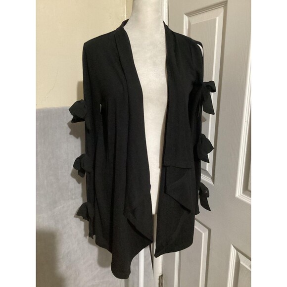 August Silk Cardigan Womens Small Black Open Front Bow Sleeve Sweater Knit Drape - Picture 1 of 6